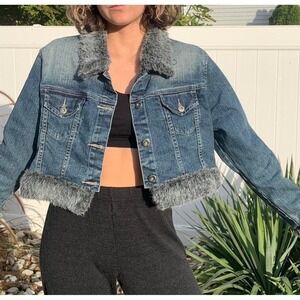 VTG Y2K Americana Blues L Faux Fur Trim Crop Trucker Jean Denim Jacket Pennylane